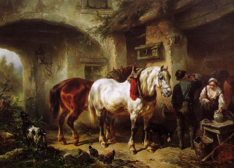 Wouterus Verschuur Paarden en personen op een binnenplaats Norge oil painting art